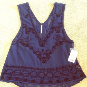 Free People Navy Beaded Sheer Top